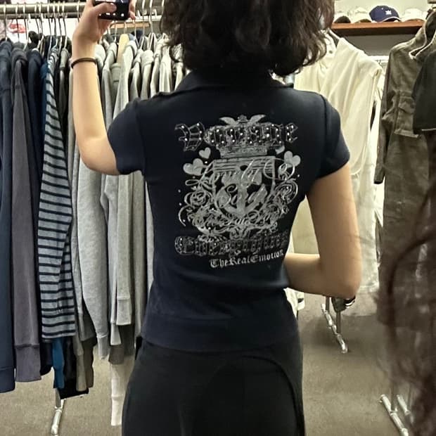 M)INGNI vintage 여성 자수 하프집업 반팔