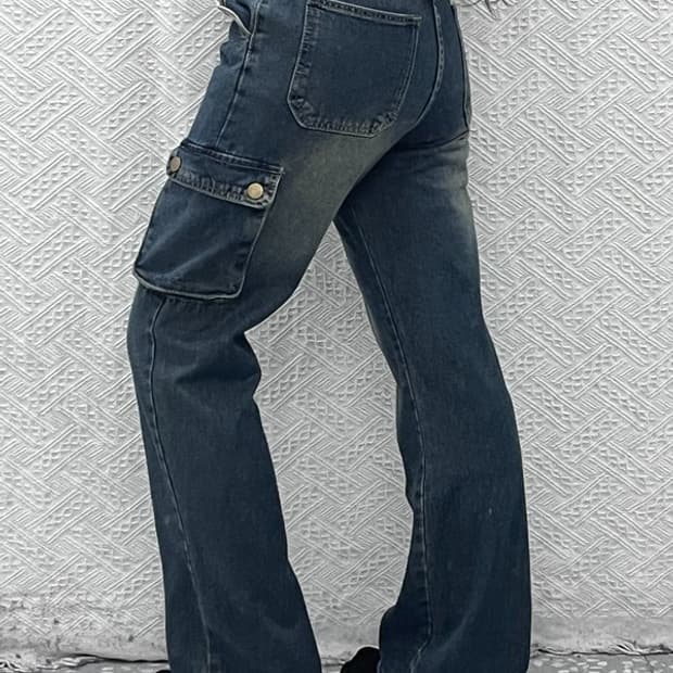 빈티지 Y2K 올드스쿨 빈티지 워싱 버튼 카고 데님팬츠 M C09361