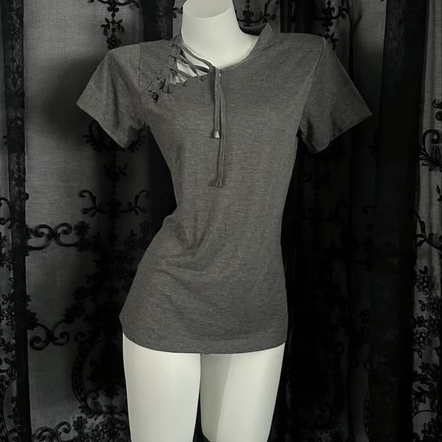 gray lace-up shoulder short-sleeved