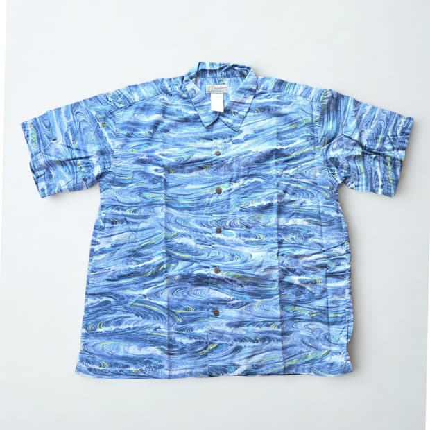 (XL)파타고니아 블루 웨이브 패턴 셔츠 알로하 하와이안 하프 파타로하