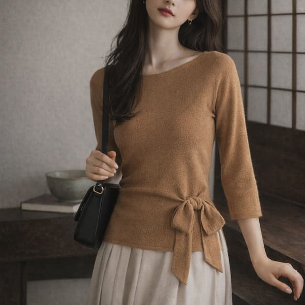 프리미엄 빈티지, 잔잔한 고급 무드 카멜 리본 니트 (LYNN)