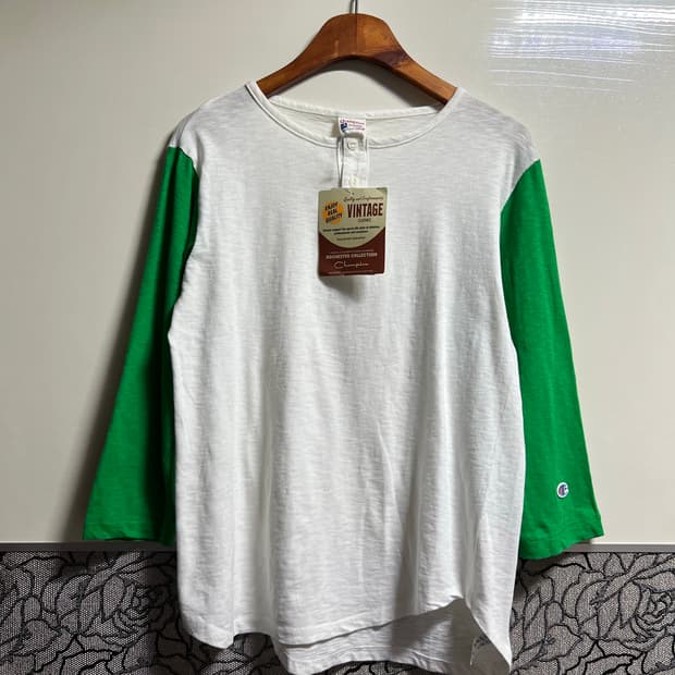 챔피온 7부 래글런 티셔츠 화이트/그린