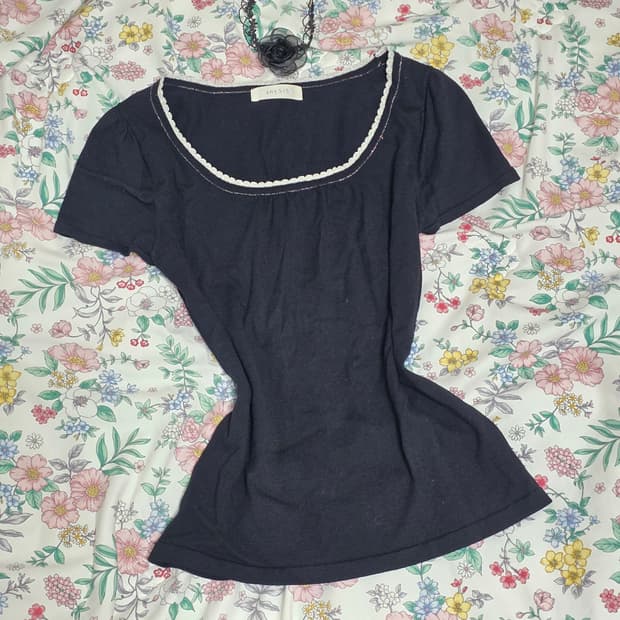 일본빈티지 anysis)블랙 고딕로리타 공겜여주 레이스 니트반팔블라우스