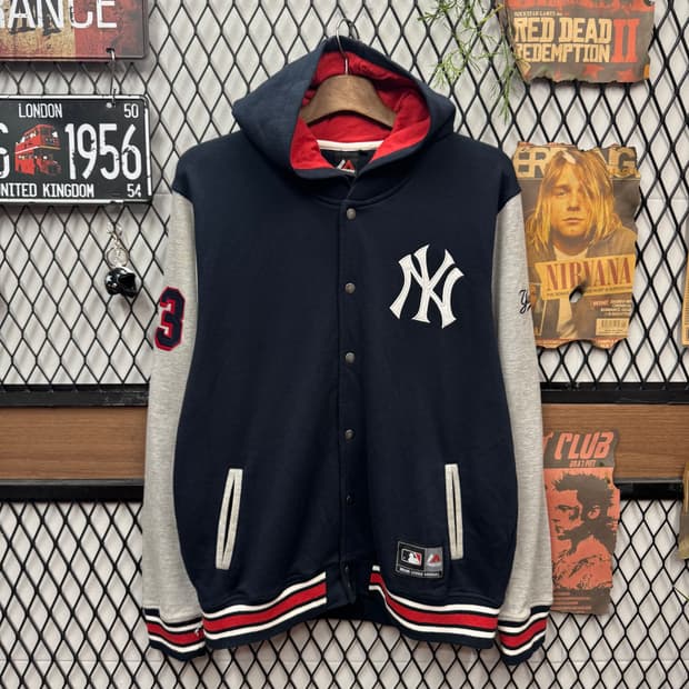 00s 마제스틱 뉴욕 양키스 후드 바시티 자켓 네이비