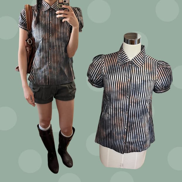나염 스트라이프 퍼프 소매 반소매 셔츠