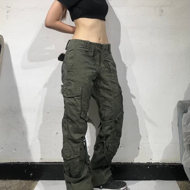 일본 빈티지 카키 본디지 멀티 포켓 카고 팬츠 M