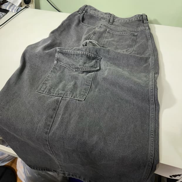 우먼S 빈티지 그레이워시드 A라인 카고 데님 롱스커트