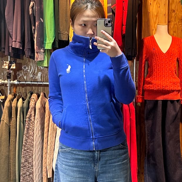 S 폴로랄프로렌 화이트 빅포니 하이넥 블루 스웨트 집업