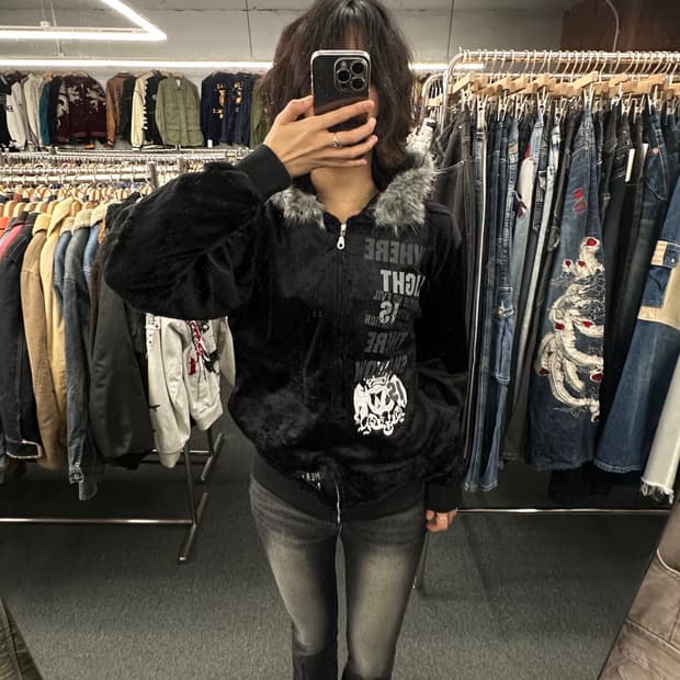 OS)Japanese vintage Y2K 펑크 벨벳 퍼 후드집업