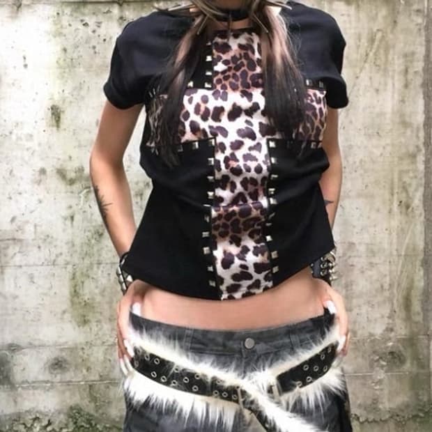 십자가 레오파드 펑크 갸루 반팔