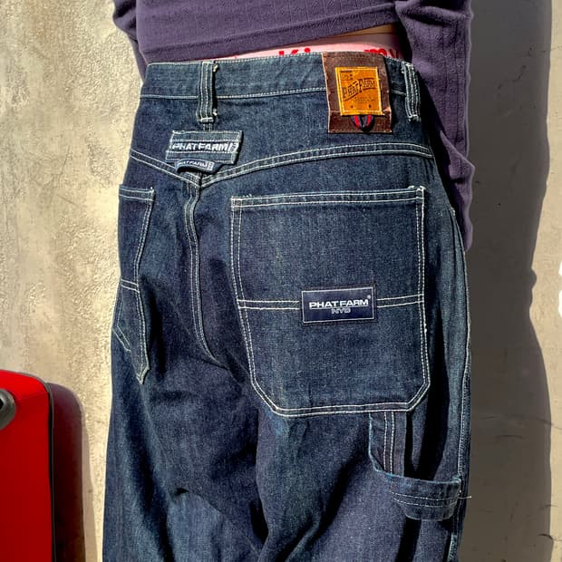 90s 펫팜 카펜터 자수 와이드 데님 청바지 올드스쿨 힙합 팬츠 XXL