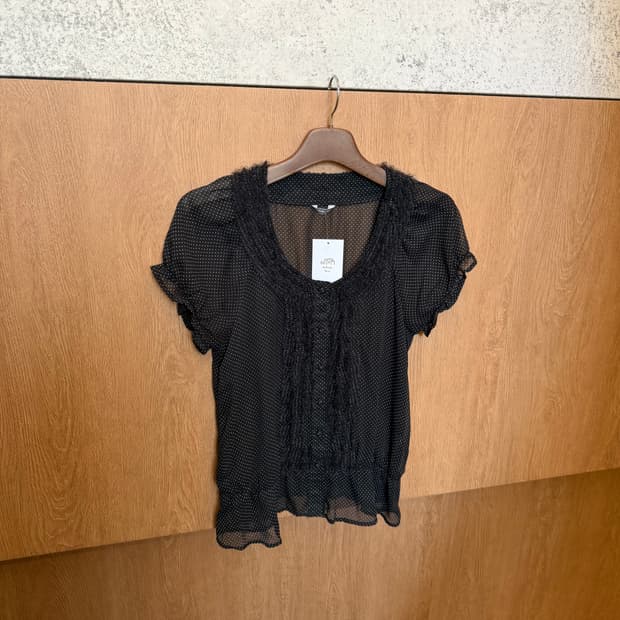 빈티지 시스루 도트 블라우스 프릴 디테일 블랙 k69