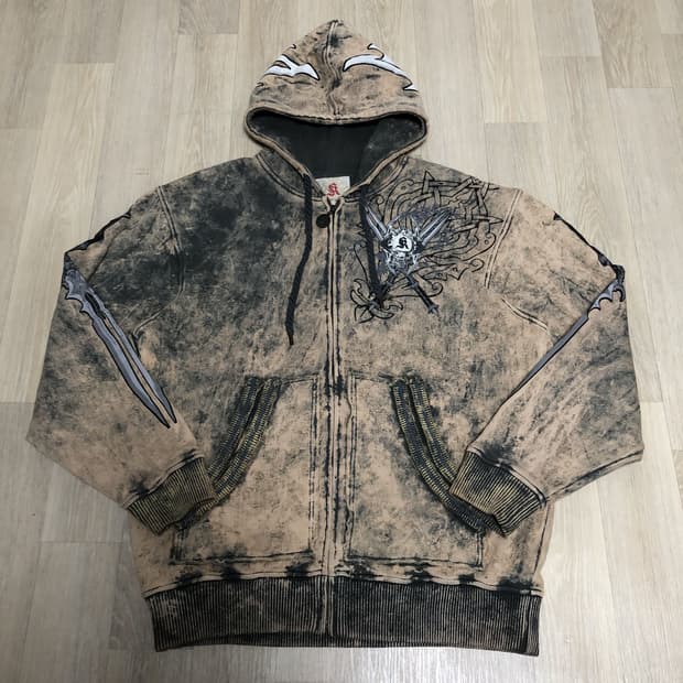 (XL) 00's 칸지 컬렉션 하드 워시드 그런지 그래피티 후드 집업 