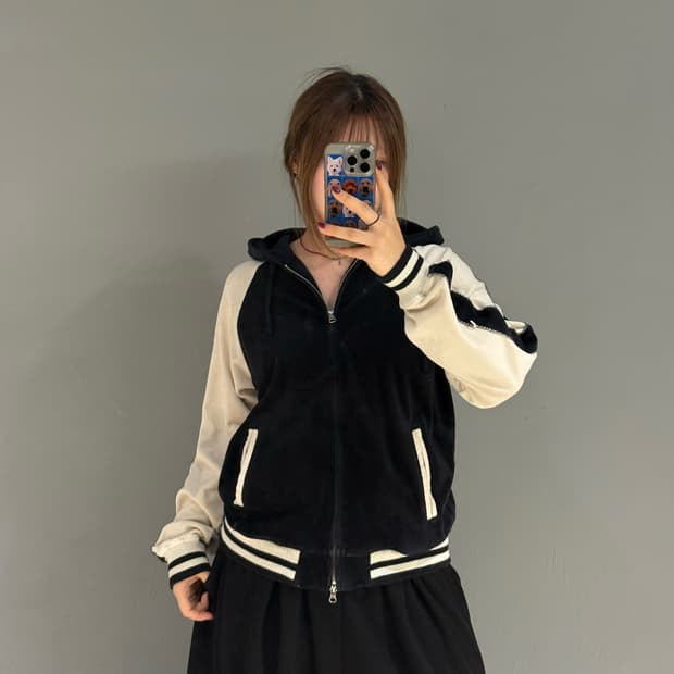 raglan 2-way velvet hood zip-up