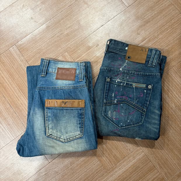 알마니 익스체인지 페인팅 데미지 패치워크 데님