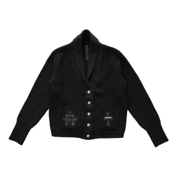 [L] 크롬하츠 세메테리 크로스 레더 패치 캐시미어 가디건 블랙