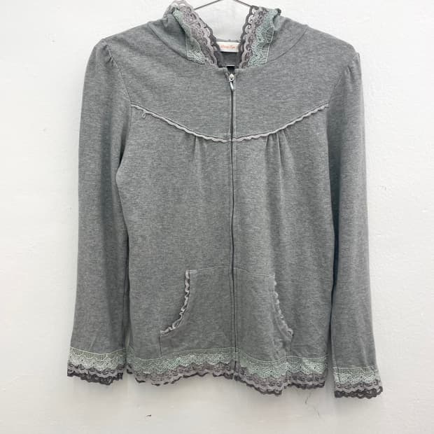 Lace trim frill zip-up hoodie