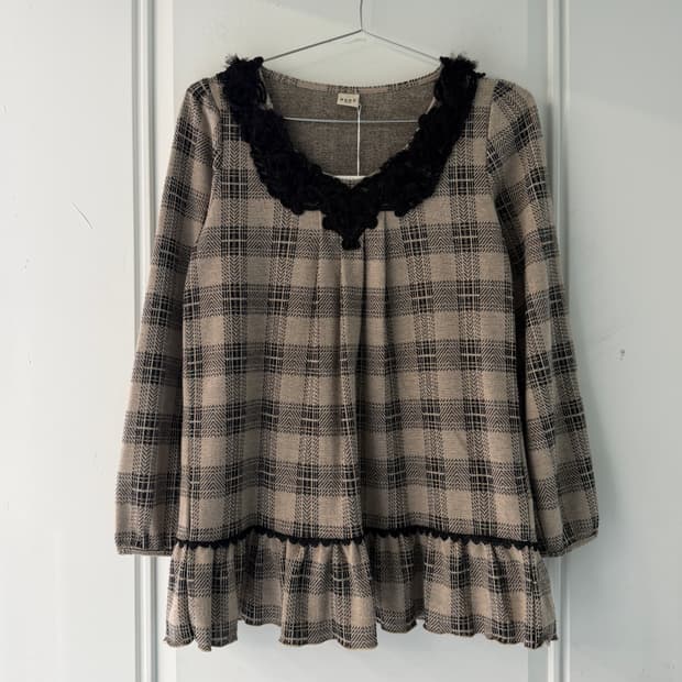 일본빈티지 엑시즈팜 체크 프릴 블라우스