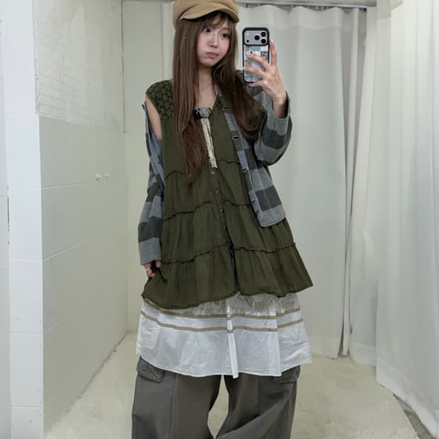 카키 너드모리 러힙 가디건 코디세트