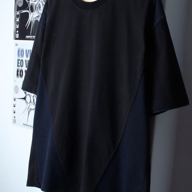 (L-2XL) 윈더 반팔 티셔츠 오버사이즈 와플 블랙 절개-H31406