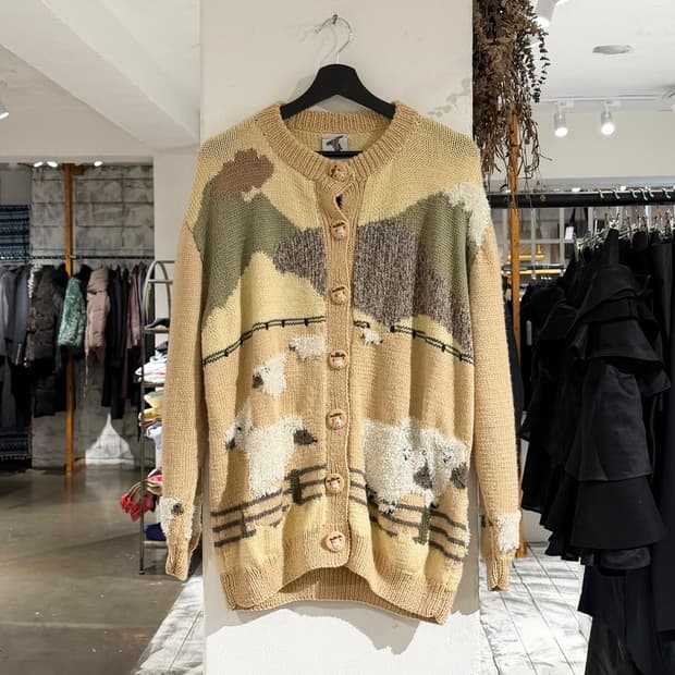 빈티지 본즈 베이지 핸드메이드 퓨어울 가디건