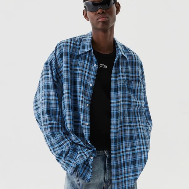 dnsr 오버사이즈 체크 셔츠 블루