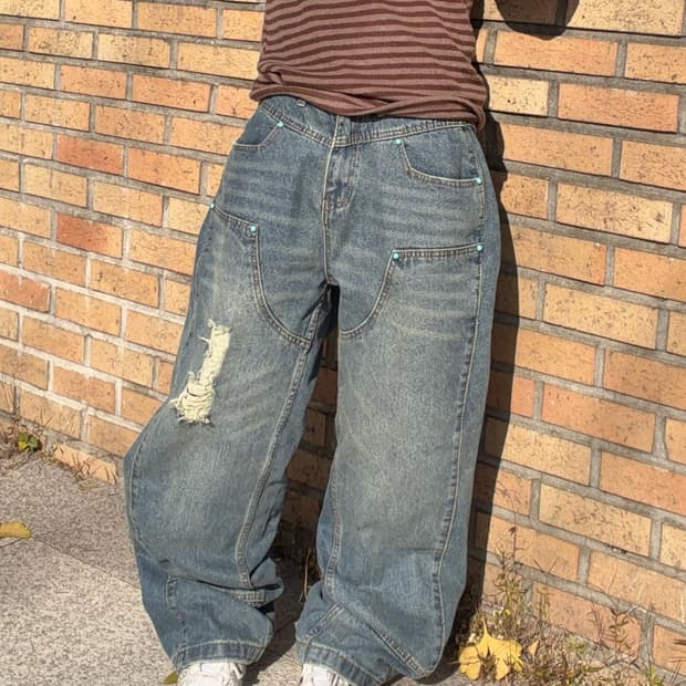 [unisex] 더스티 워싱 데미지 더블니 와이드 데님 pts