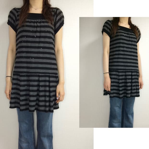 빈티지 블랙 차콜 스트라이프 스팽글 반팔 튜닉 원피스