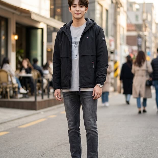 타미힐피거 블랙 스트레치 방풍 후드 자켓