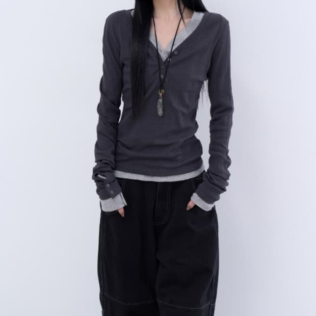 로웨어 double layer rib henley tea