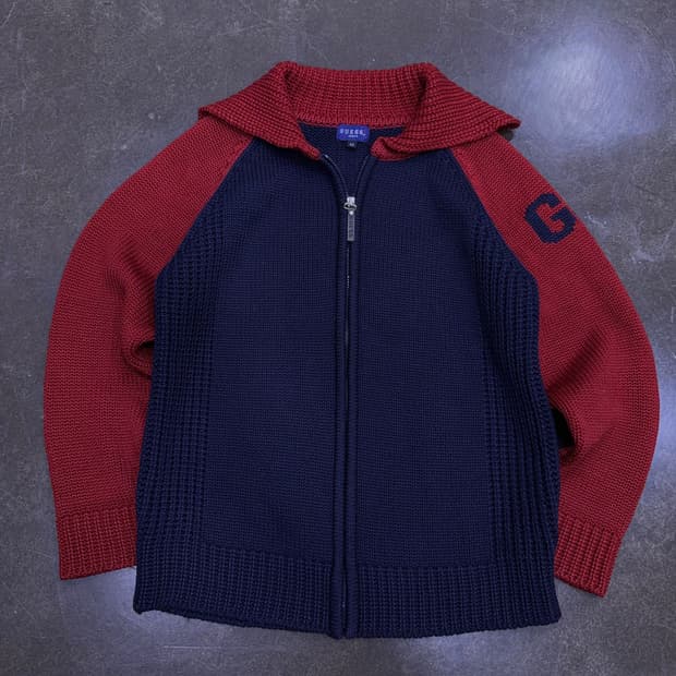 게스 진스 네이비 레드 집업 니트 가디건 자켓 95