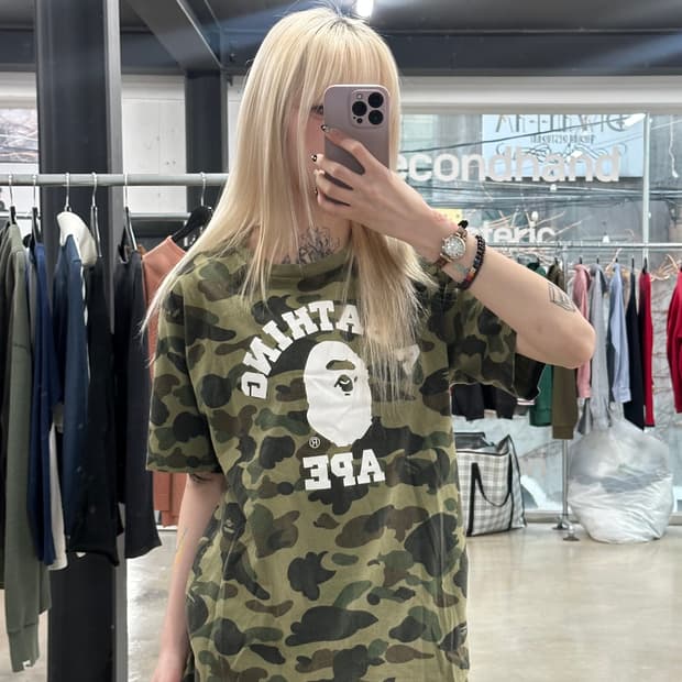 베이프 카모 컬리지 반팔 티셔츠 그린