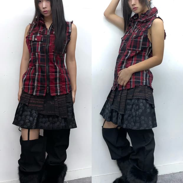 인더에틱 옴므 데미지 디테일 체크 펑크 베스트