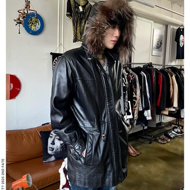 90s Vintage Fur Hood Real Leather Coat