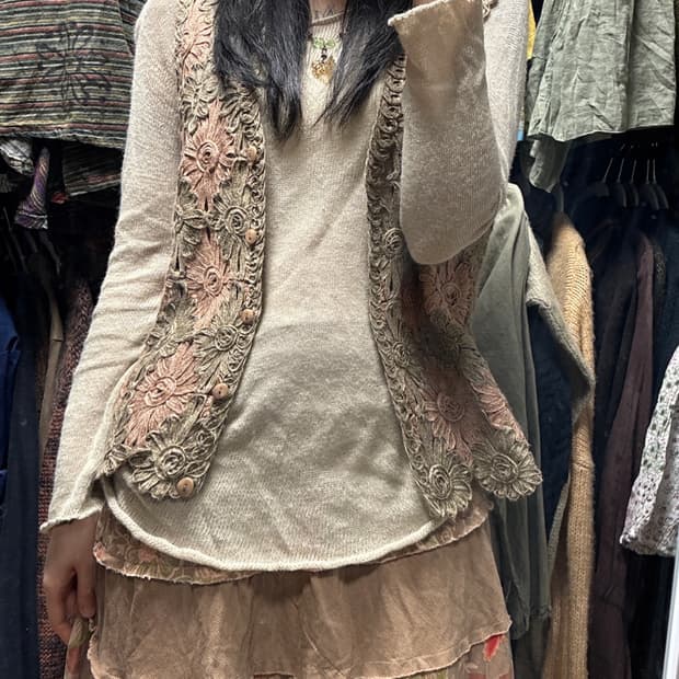 빈티지 핑크 카키 크로쉐 베스트