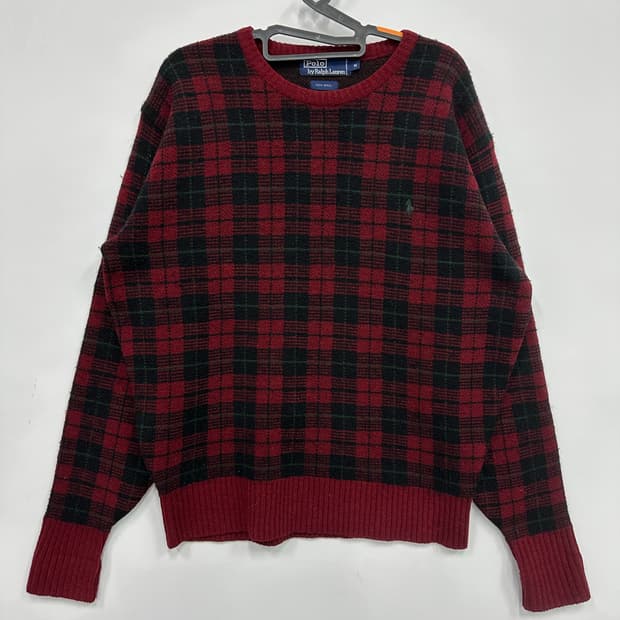 폴로 버건디 체크 니트 