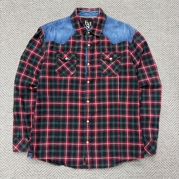 에비수 데님 배색 체크셔츠 v2923