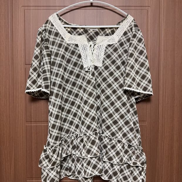 모리걸 하구미 일본 빈티지 브라운 체크 레이스 러플 쉬폰 블라우스