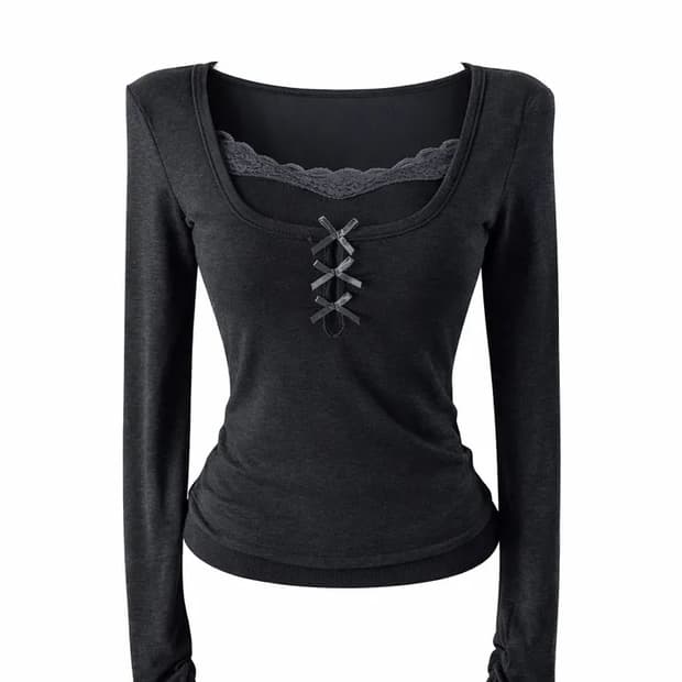 새거)레이스 리본 셔링 긴팔 티셔츠 미스치프 쓰리타임즈 코이세이오 미소녀