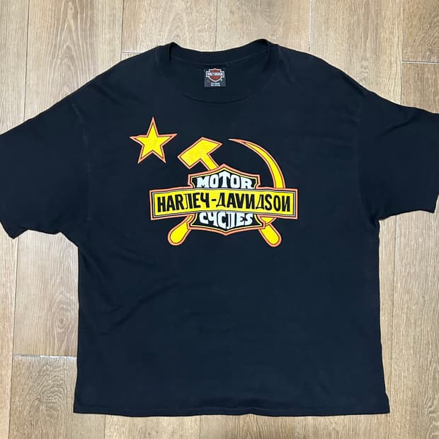 90s 할리데이비슨 해머 앤 시클 빈티지 티셔츠 (소련 페이크 키릴)
