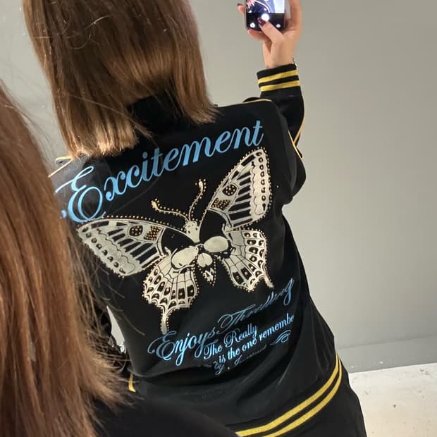 skull & butterfly printing 2-way zip-up