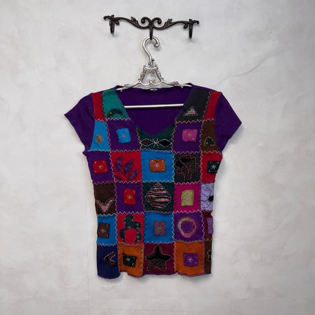 Purple bohemian hippie patchwork half t 