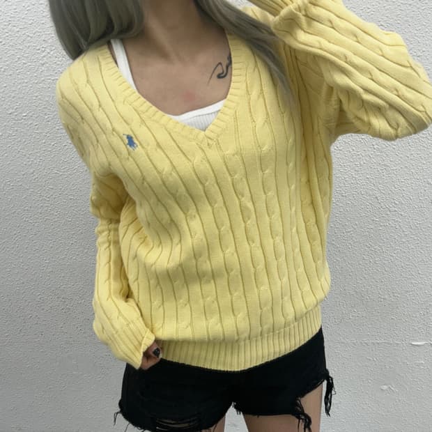 폴로 랄프로렌 베이비블루 포니 레몬 꽈배기 브이니트 L