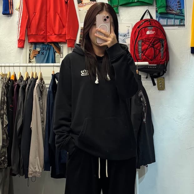 아디다스 와펜 패치 블랙 후드티 M