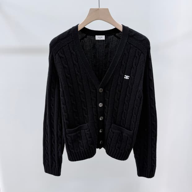 [S+급/M] 셀린느 트리오페 캐시미어 케이블 니트 가디건 블랙