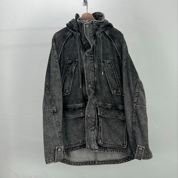 준지 21fw 블랙 빈티지 워싱 후디드 데님 자켓