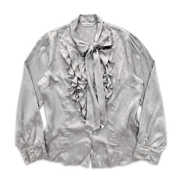 빈티지 그레이 도트 리본 블라우스