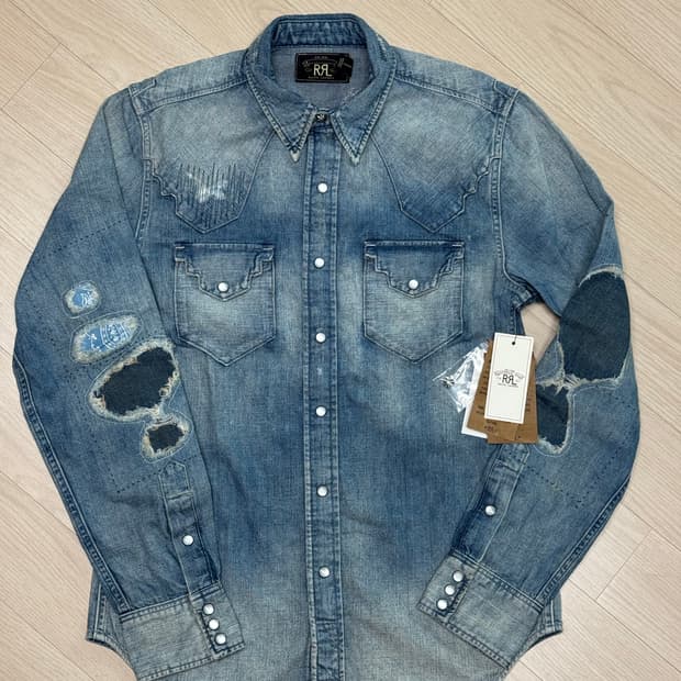 RRL 슬림핏 리페어 데님 웨스턴 셔츠 S