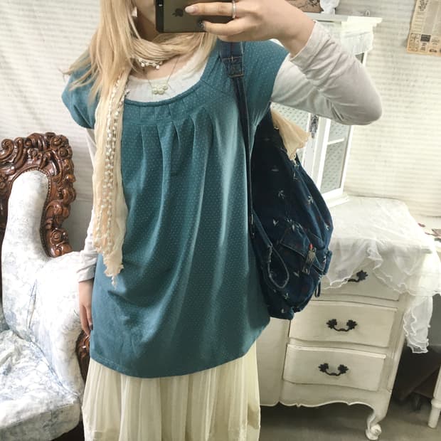 Set) 블루그린 민트 도트 블라우스+모리 레이스 티+레이스머플러