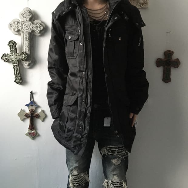 Check pattern high neck hood jacket